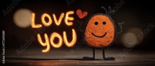 Cute cartoon character with a cheerful expression holding a heart next to the words Love You lit up in warm tones against a dark background for romantic themes and greetings