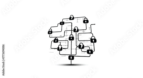Abstract network of connected nodes secured with digital locks, representing data security and technology