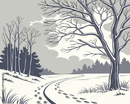 Winter landscape with footprints in the snow leading to a forest edge