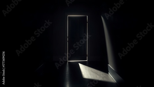 algicide. Dim corridor with a half-open door, mysterious light streaming through the crack. real-estate listings, architecture portfolios, designed for interior renovation comparisons for interiors.