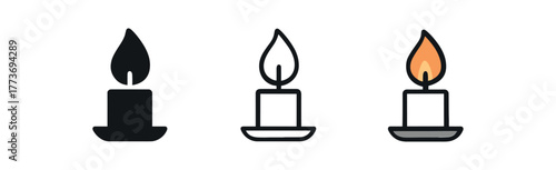 burning candle flame icon on white background Black silhouette flat icon outline icon and colored icon style three minimal vector icon style