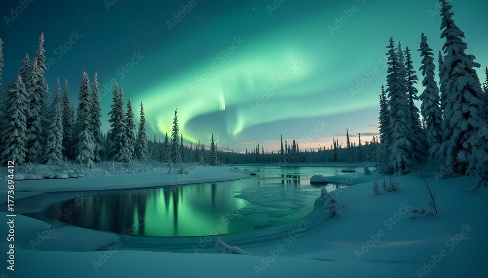 Fototapeta premium Northern Lights Dance Over a Frozen Winter Landscape