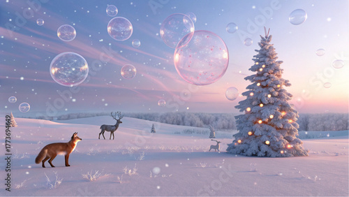 Magical winter landscape with fox deer and christmas tree at sunset
