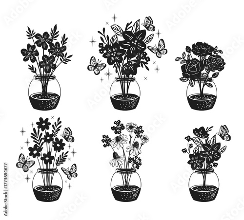Bouquet of White Flowers silhouette on black background. Set of Vector Illustration.