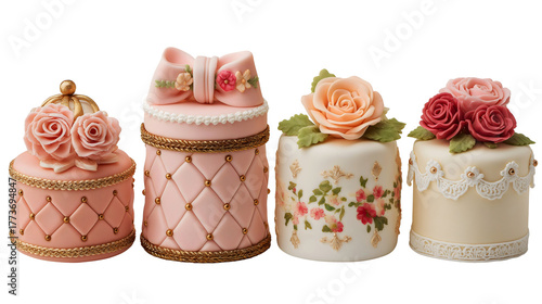 Collection of four small marie antoinette style cakes with pink and white icing, rococo wedding, isolated transparent background. 