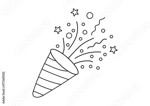 A simple line art illustration of a party popper exploding confetti, stars, circles, isolated on white background