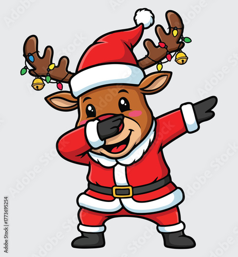 Cute Dabbing Reindeer in a Santa Suit Vector. Funny Christmas Character with Lights and Bells on Antlers Doing the Dab Pose.