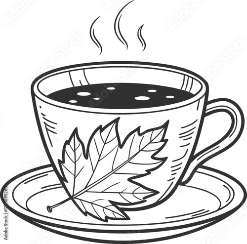 Cozy autumn coffee cup with steam on saucer warm beverage illustration isolated on transparent background