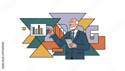 Senior manager presents data and financial strategy using a graph visualization