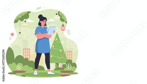 Frustrated woman with tablet in holiday park setting Digital device stress concept