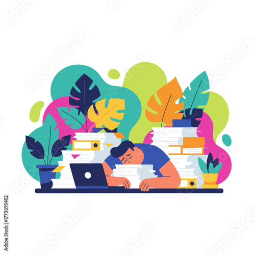 Exhausted employee sleeping on desk surrounded by massive paperwork symbolizing stress and burnout