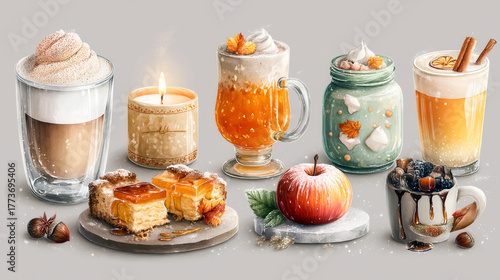 A collection of drinks and desserts, including a cup of coffee, a glass of milk, a cupcake, and a slice of apple pie