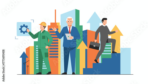 Diverse professionals representing industry and corporate growth in a modern city setting