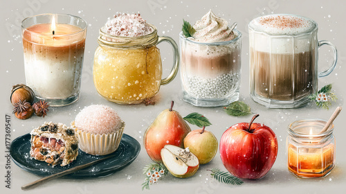 A collection of drinks and food items, including a cup of coffee, a cup of tea, a cup of hot chocolate, a cup of apple cider, a cup of apple juice, a cup of apple pie, a cup of apple cake, a