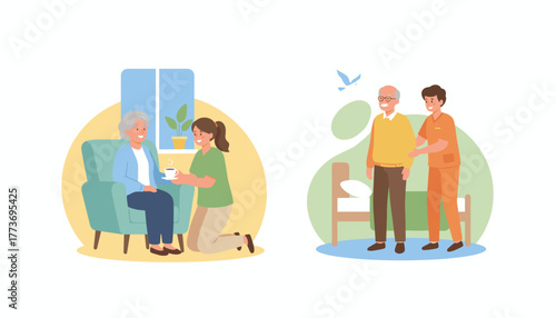 Elderly care illustration showing nurses helping seniors with daily tasks and walking support