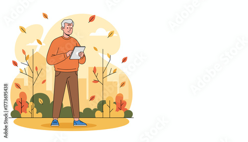 Happy senior man using a digital tablet outdoors in a colorful autumn park setting