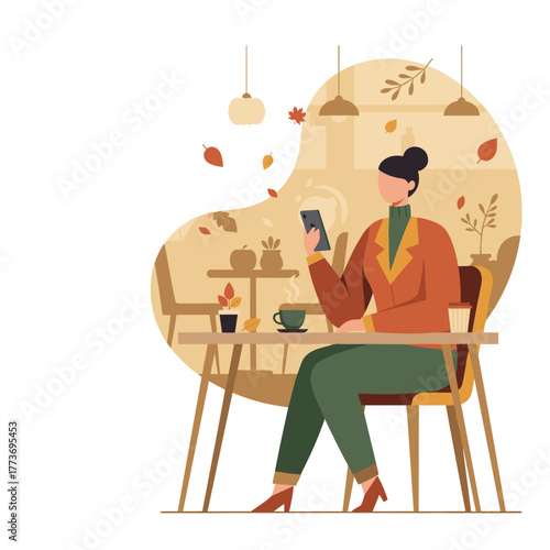 Cozy autumn cafe scene Woman uses phone enjoying hot coffee amidst falling leaves