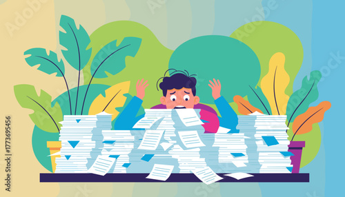 Businessman buried under piles of paper representing workload stress office burnout and deadlines