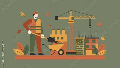 Construction worker with a shovel and wheelbarrow at building site with crane flat design illustration