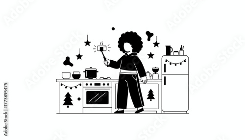 Black and white vector Person vlogging holiday cooking in a festive kitchen Food content creation