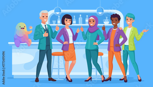 Diverse business team giving thumbs up with a friendly mascot symbolizing success and positive teamwork