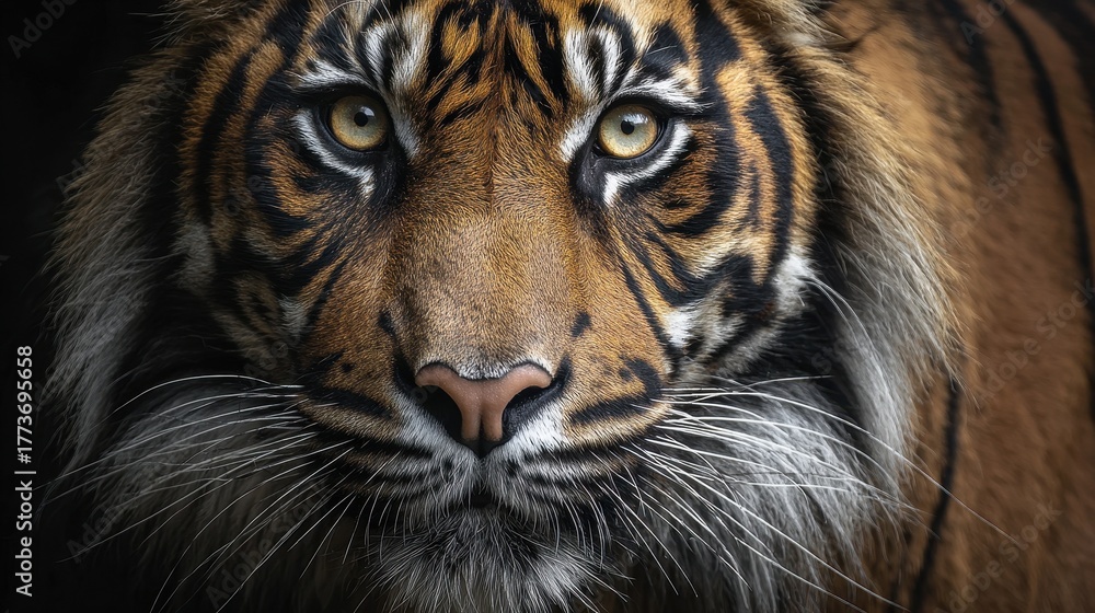 Fototapeta premium Majestic tiger with intense gaze captured in a close-up setting in a natural habitat during daylight