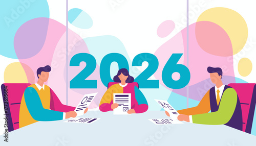 Business team planning 2026 strategy and goals in a colorful modern conference room