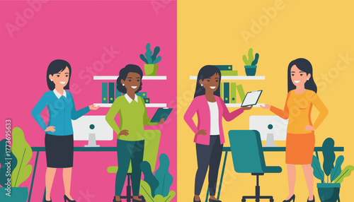 Diverse businesswomen collaborating and working in a modern vibrant office setting illustration