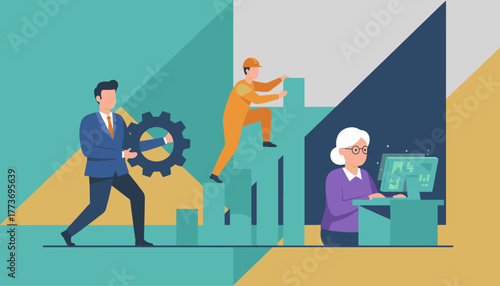 Business professionals collaborating on progress strategy and growth Diverse workforce concept