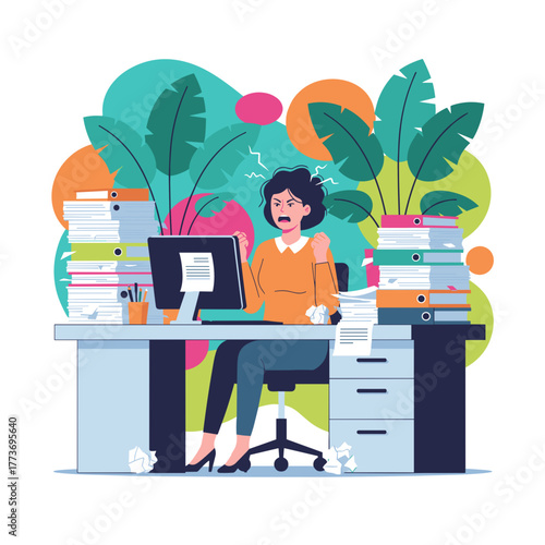 Overwhelmed employee shouting at computer buried in paperwork stress and heavy workload concept