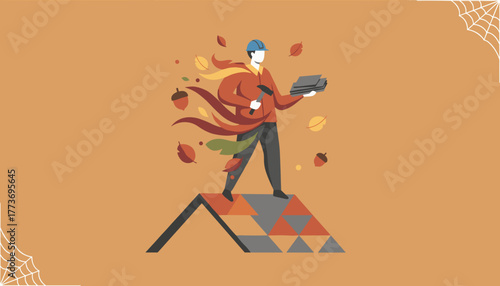 Contractor repairing roof shingles in autumn Fall home maintenance illustration