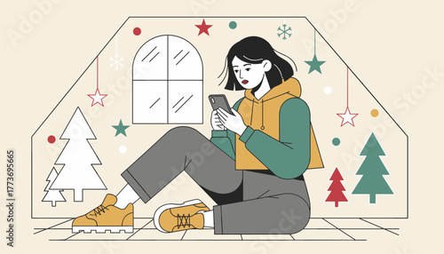 Illustrated woman using phone in a cozy Christmasdecorated attic room during winter holidays