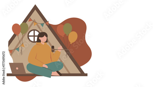 Remote worker recording a podcast in a cozy decorated Aframe tent