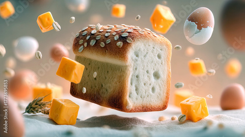 A close up of a piece of bread with cheese and oatmeal on top. The bread is cut in half and the cheese and oatmeal are scattered around it. The image has a playful and whimsical mood