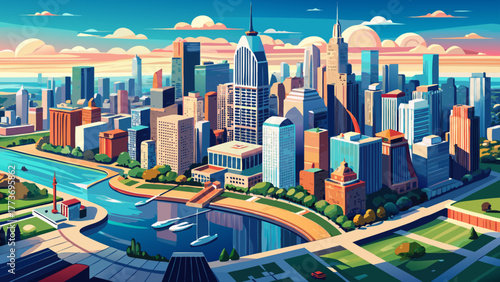 Very beautiful breathtaking aerial view of Chicago, Illinois, USA, showcasing the iconic downtown skyline, modern skyscrapers, Lake Michigan waterfront, and urban landscape from above.