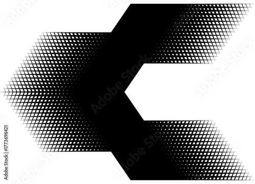 Thick black vector arrow with halftone mesh. Abstract design element. Pointer, direction. Vector background. Modern pattern for games and navigation. Place for text