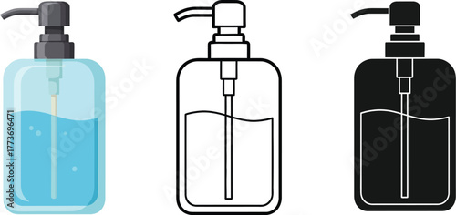 Three sanitizer bottles in different styles on a white background art