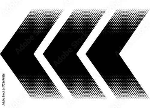 Triple Thick black vector arrow with halftone mesh. Design element. Pointer, direction. Vector background. Modern pattern for games and navigation