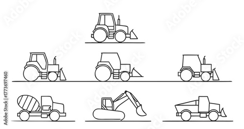 outline web construction vehicles icons such as tower crane, tractor, front loader, suction excavator, mini excavator