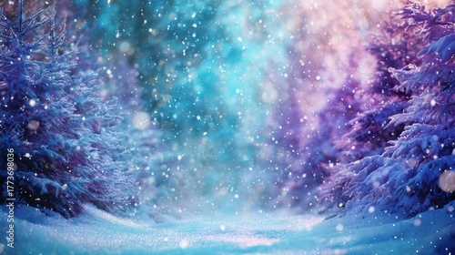 Blurred winter wonderland background with sparkling snow and glowing lights.