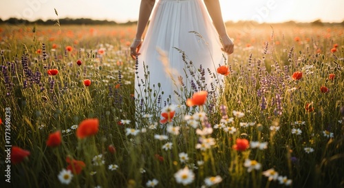 Fototapeta Naklejka Na Ścianę i Meble -  Romantic wedding dress in flower field at sunset bride in nature summer countryside meadow poppy flowers
