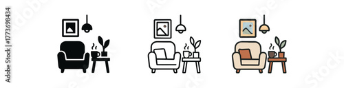 slow living home scene icon on white background Black silhouette flat icon outline icon and colored icon style three minimal vector icon style