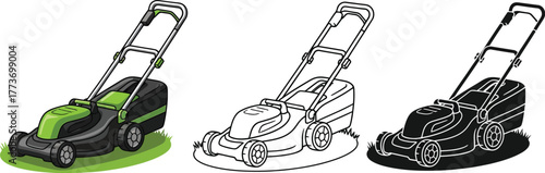 Three lawn mower illustrations in color outline and silhouette style