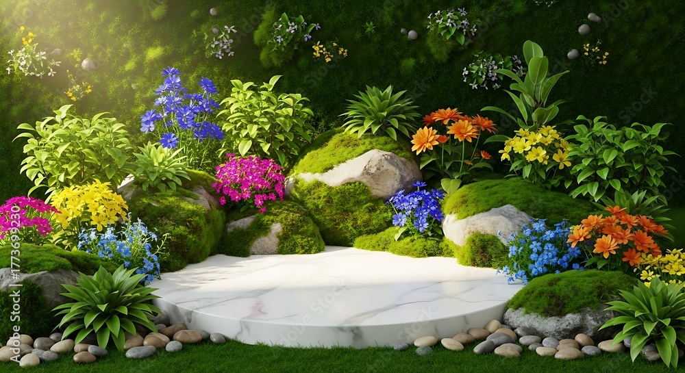 Fototapeta premium Beautiful garden landscape with flowers and marble podium for product presentation