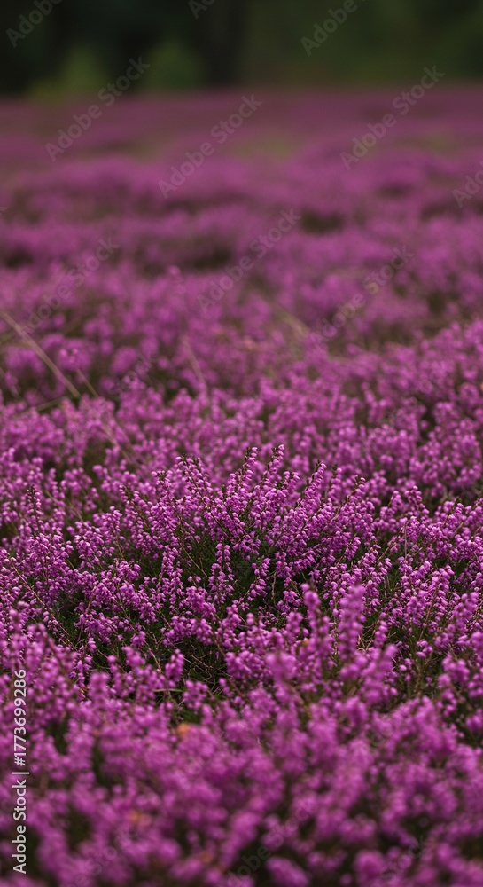 Fototapeta premium Delicate purple heather blossoms form a vibrant, textured carpet, evoking tranquility and natural beauty in a wild landscape ,summer ,violet ,heather