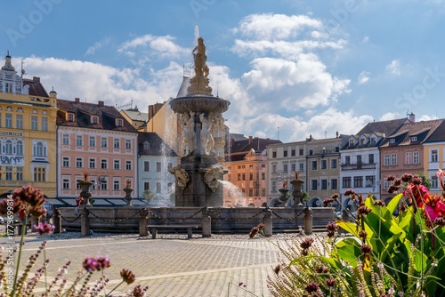 view of the Ottokar II Square with the Samson Fountain in the heart of Ceske Budejovice