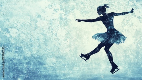 Figure Skater Silhouette Against a Textured Icy Blue Background, Capturing Grace and Winter Elegance in Abstract Art