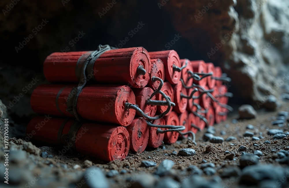 Fototapeta premium Red dynamite sticks bundled together with wires sit on rough ground in a dark cave. Explosives are prepared for a mining blast. Safety precautions are crucial for this dangerous industrial work.