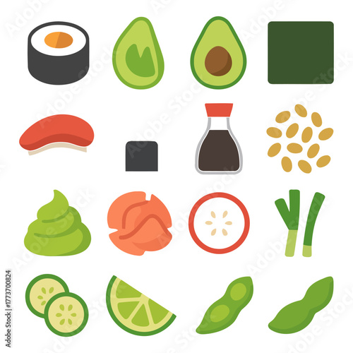 Sushi Ingredients: A vibrant, overhead shot displaying the essential ingredients for creating delicious sushi. Featuring fresh avocado, seaweed, soy sauce, and vibrant accents of lime. 