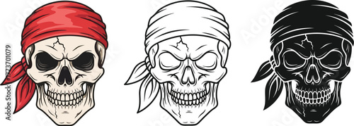 Three skull illustrations with bandanas in different color schemes